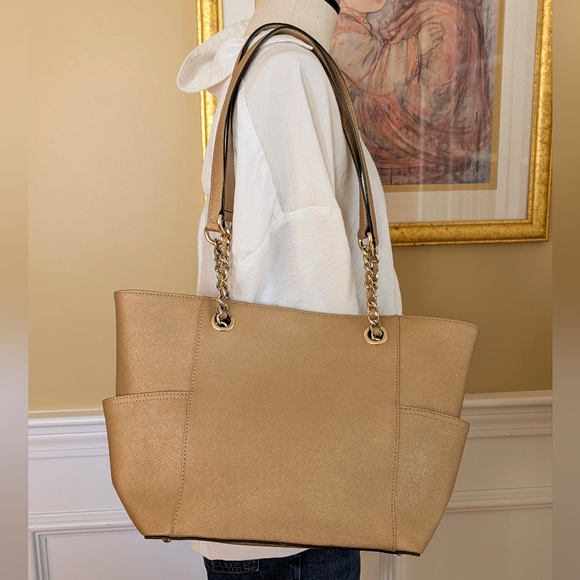 Calvin Klein Beige Gold Hayden Saffiano Leather Tote Shoulder Bag - Picture 3 of 13